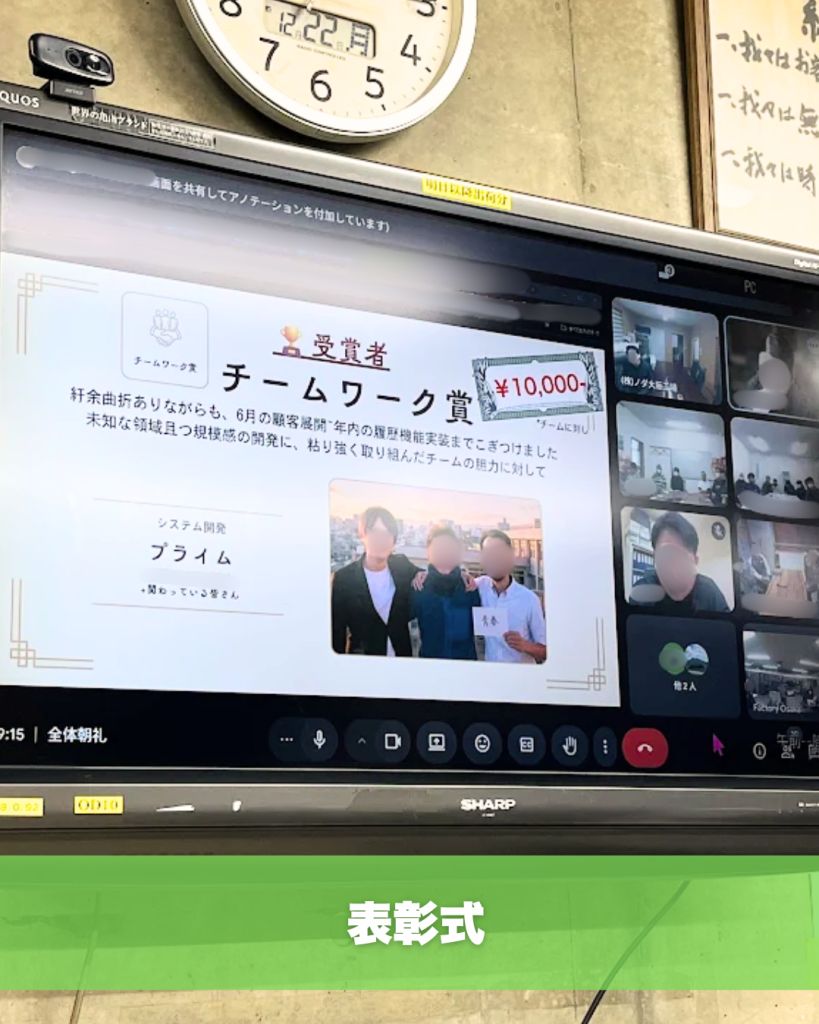 オンラインで株式会社ノダの社内表彰式をしている様子